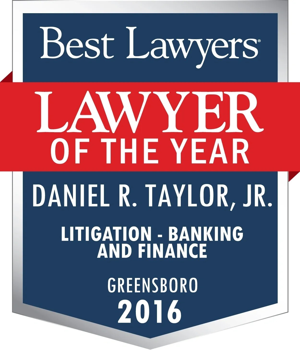 A red and white ribbon is on top of the best lawyers award.